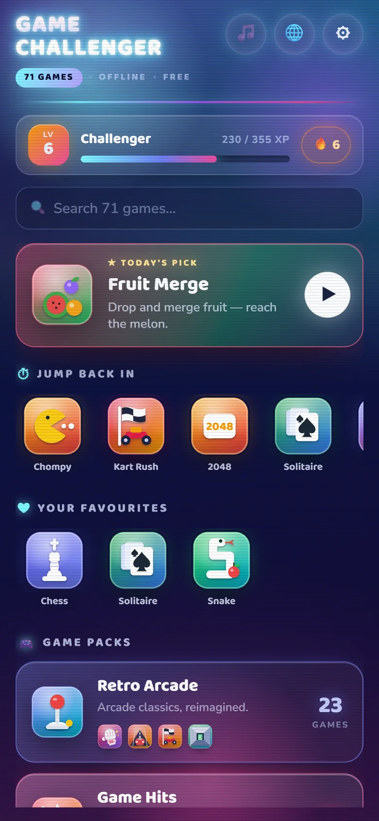 The Game Challenger home screen, showing the game packs